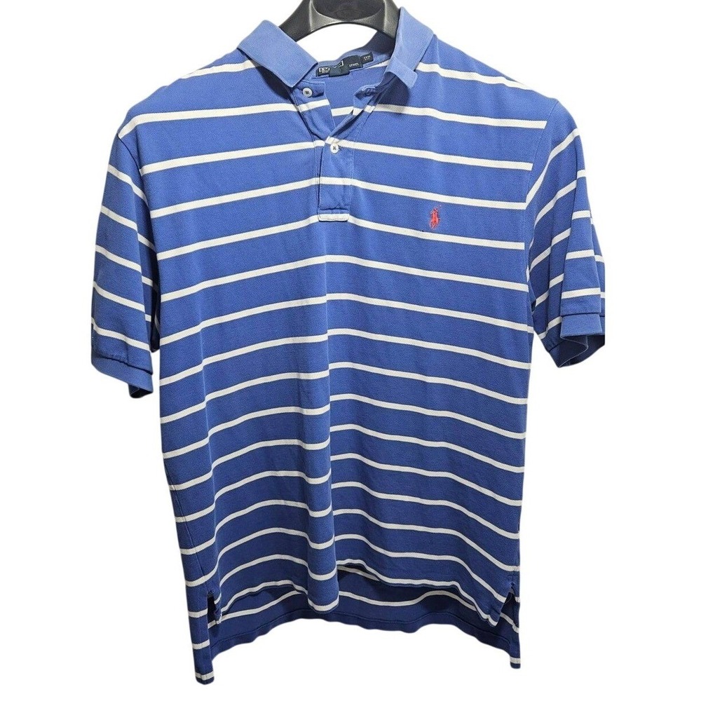 Polo Ralph Lauren Men 1XB Big Blue White Striped Short Sleeve Pique Polo Shirt *